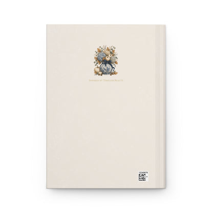 Back cover of the Autumn Reflections hardcover journal with a minimalist cream design and small vintage floral pumpkin illustration.