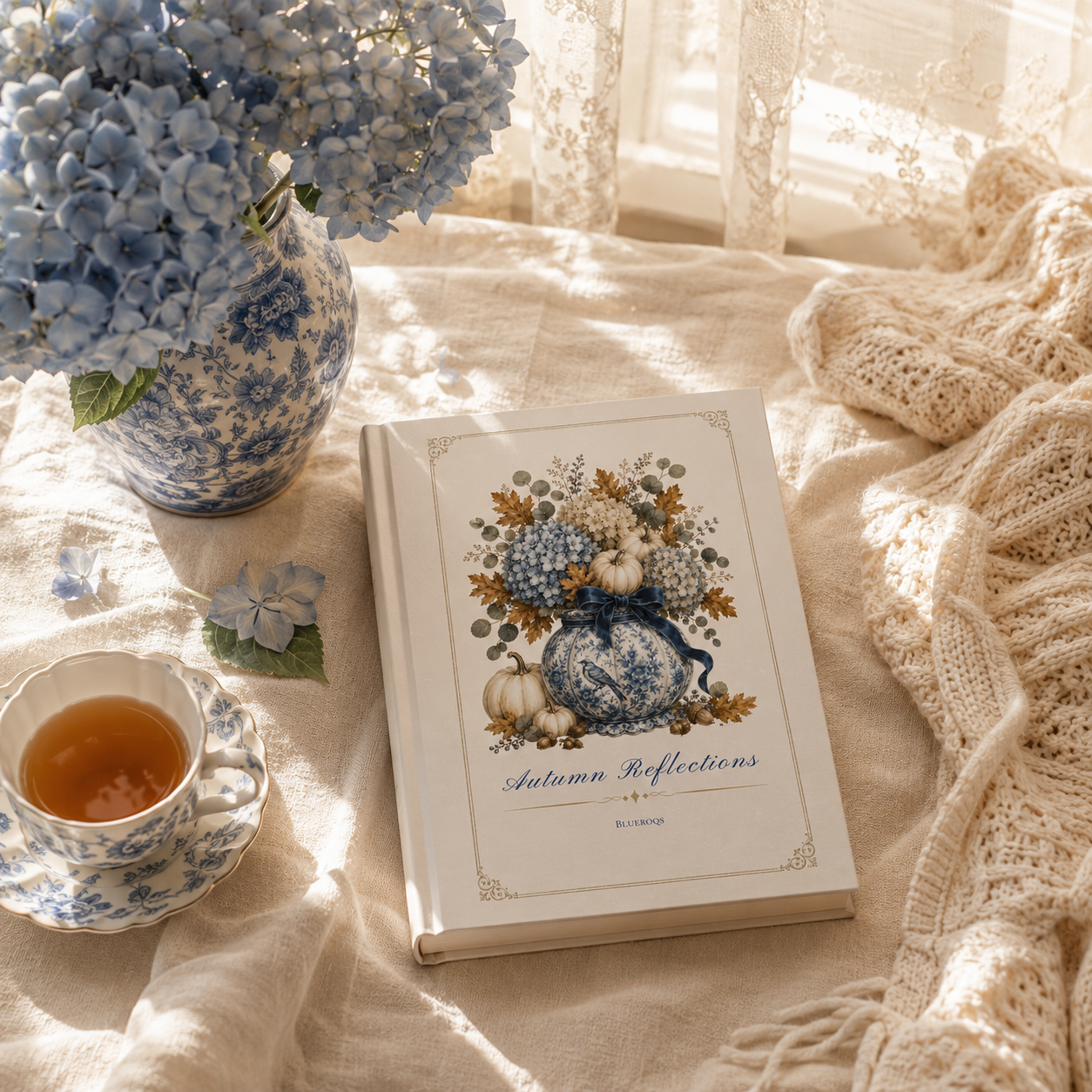 Autumn Reflections hardcover journal displayed on soft linen beside a cup of tea and blue hydrangeas in warm morning light.