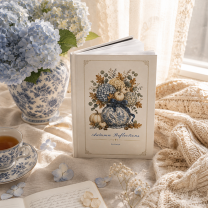 Standing Autumn Reflections hardcover journal styled with blue hydrangeas, soft linen and warm natural light in a cozy reading nook.