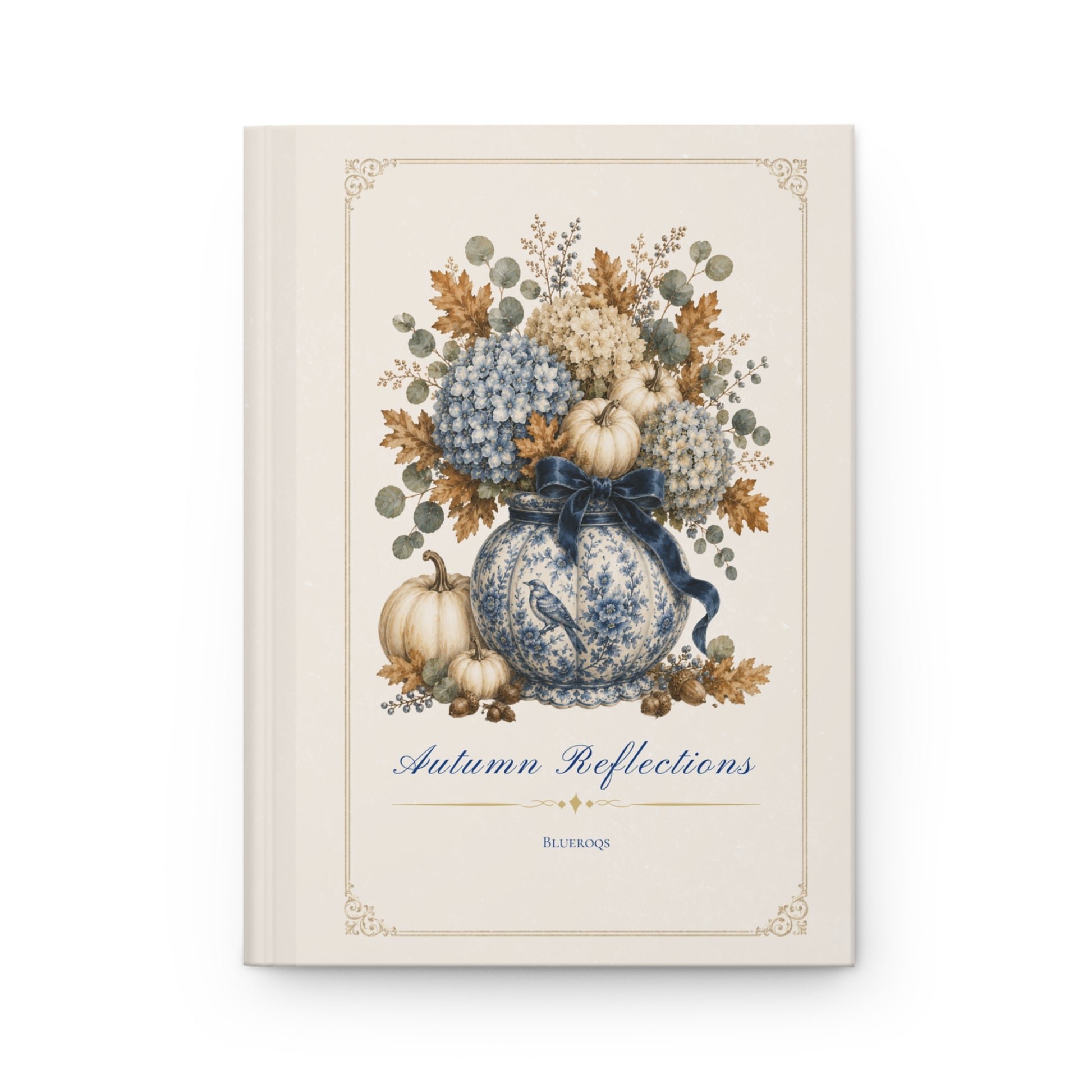 Autumn Reflections hardcover journal featuring a vintage floral bouquet in a porcelain vase with ivory pumpkins on an elegant cream cover.