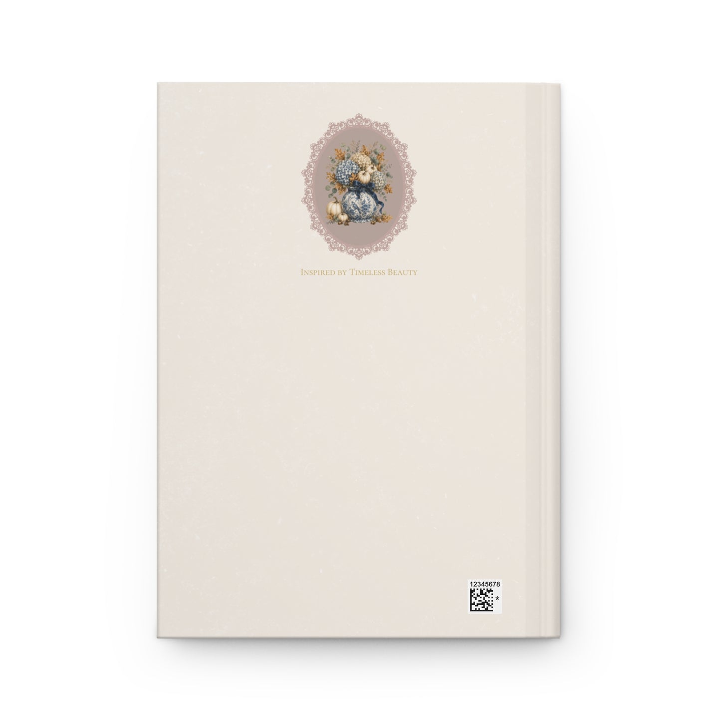 Back cover of the Autumn Reflections Heirloom hardcover journal with a minimalist cream design and vintage floral cameo illustration.