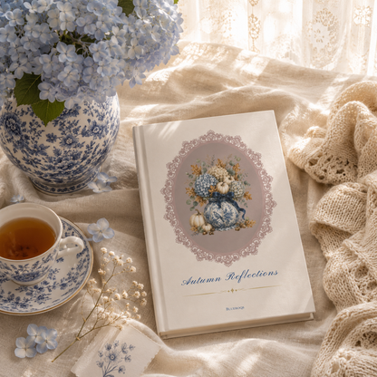 Autumn Reflections Heirloom hardcover journal displayed on soft linen beside a cup of tea and blue hydrangeas in warm natural light.
