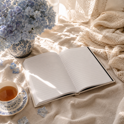 Open Autumn Reflections Heirloom hardcover journal with lined pages styled on soft linen beside tea and blue hydrangeas.