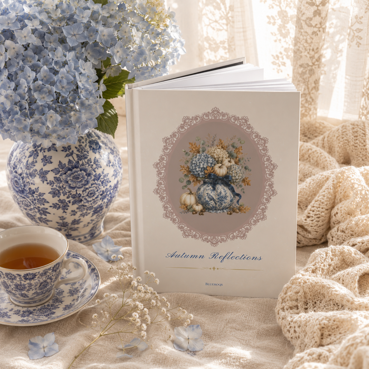 Standing Autumn Reflections Heirloom hardcover journal featuring a vintage floral cameo design styled with blue hydrangeas and soft linen.