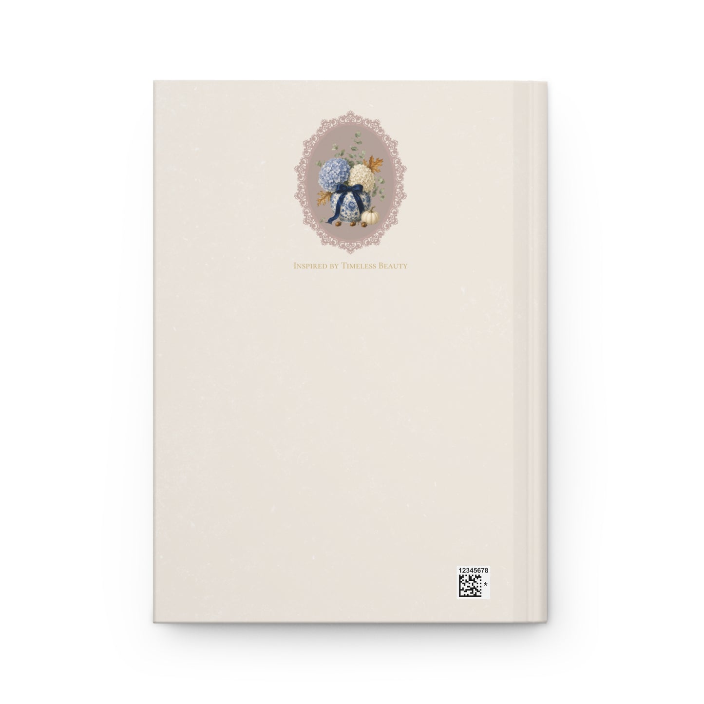 Back cover of the Autumn Reflections Hydrangea hardcover journal with a minimalist cream design and small vintage hydrangea and porcelain vase illustration.