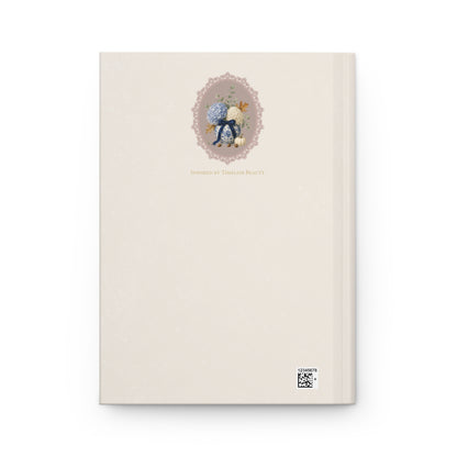 Back cover of the Autumn Reflections Hydrangea hardcover journal with a minimalist cream design and small vintage hydrangea and porcelain vase illustration.