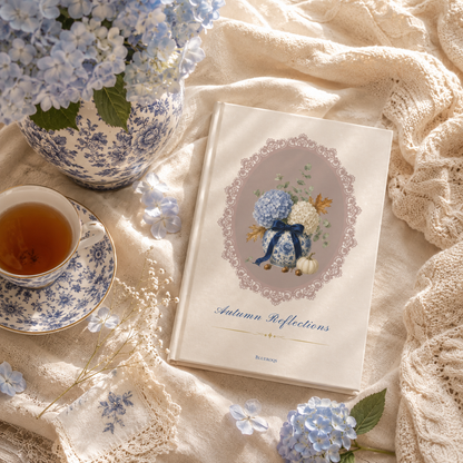 Autumn Reflections Hydrangea hardcover journal displayed on soft linen beside a cup of tea and blue hydrangeas in warm natural light.