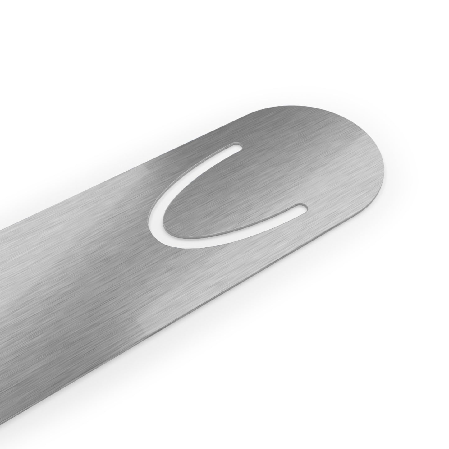 Brushed aluminum back side of a lightweight metal bookmark
