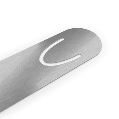 Brushed aluminum back side of a lightweight metal bookmark