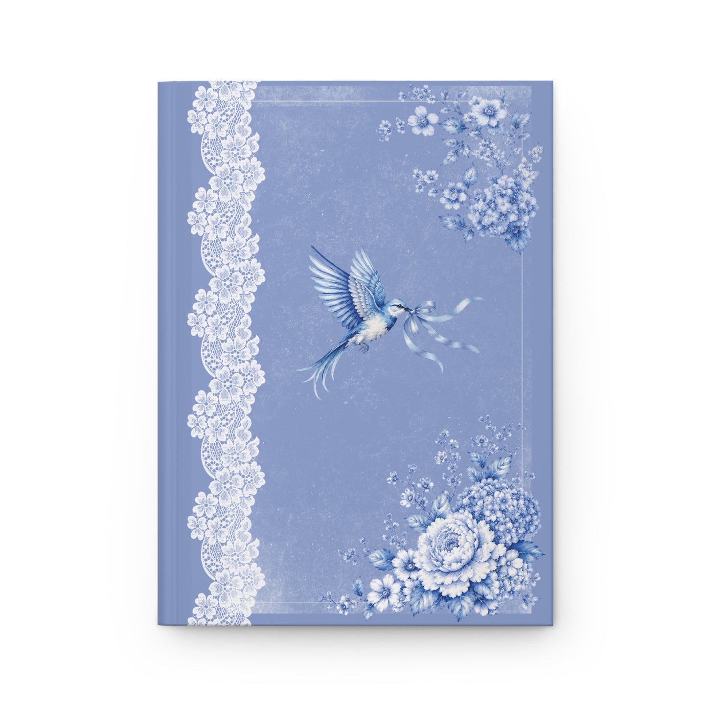 Blue bird and floral lace hardcover journal with vintage chinoiserie design, white lace border, and blue botanical flowers on a soft periwinkle cover.