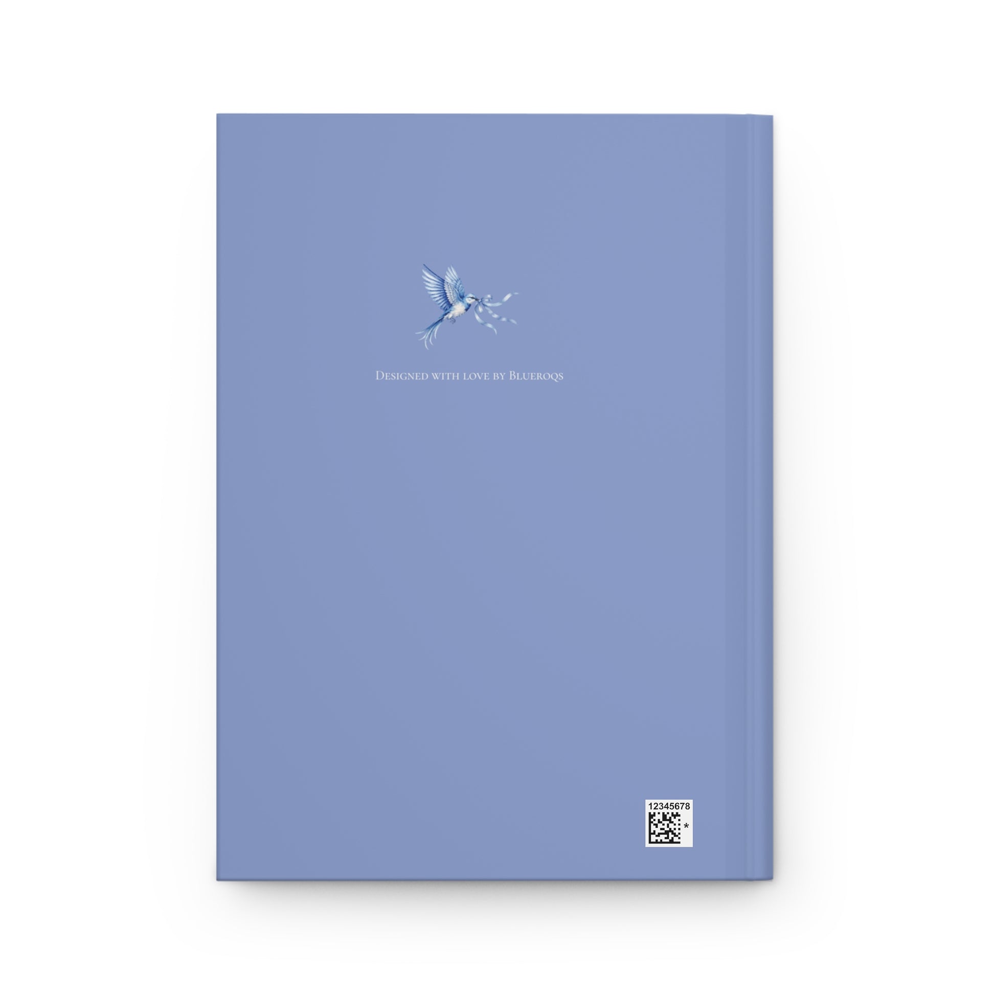 Back view of a vintage inspired blue bird floral lace hardcover journal with elegant periwinkle cover and minimalist botanical design.