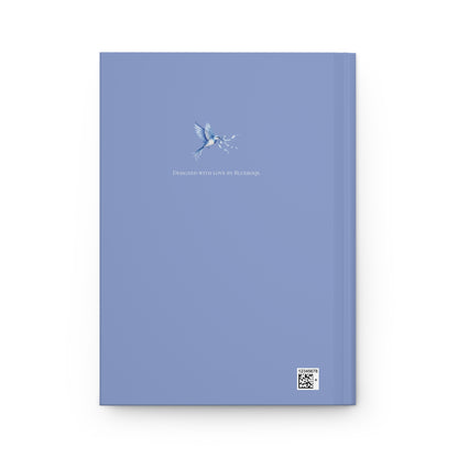 Back view of a vintage inspired blue bird floral lace hardcover journal with elegant periwinkle cover and minimalist botanical design.