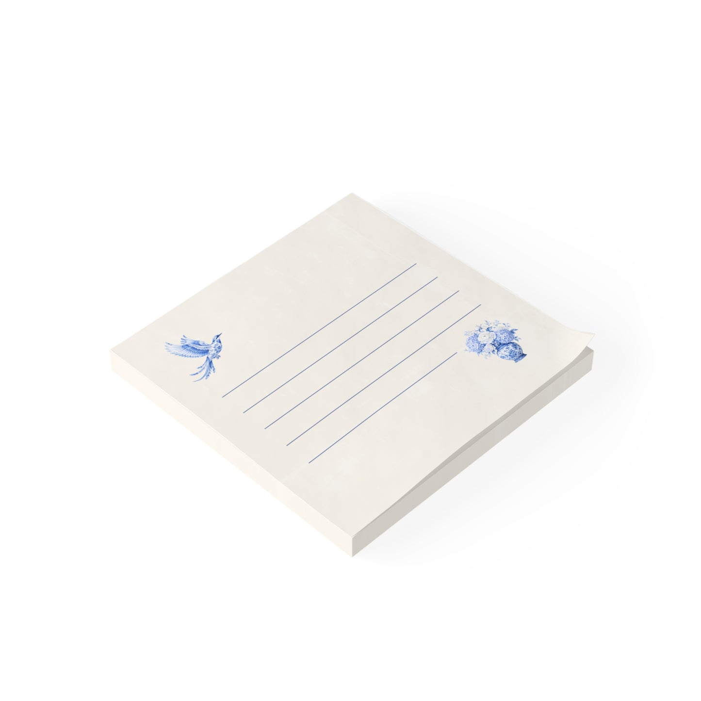 Blue bird and floral sticky note pad shown in angled view with lined writing space and ivory stationery design