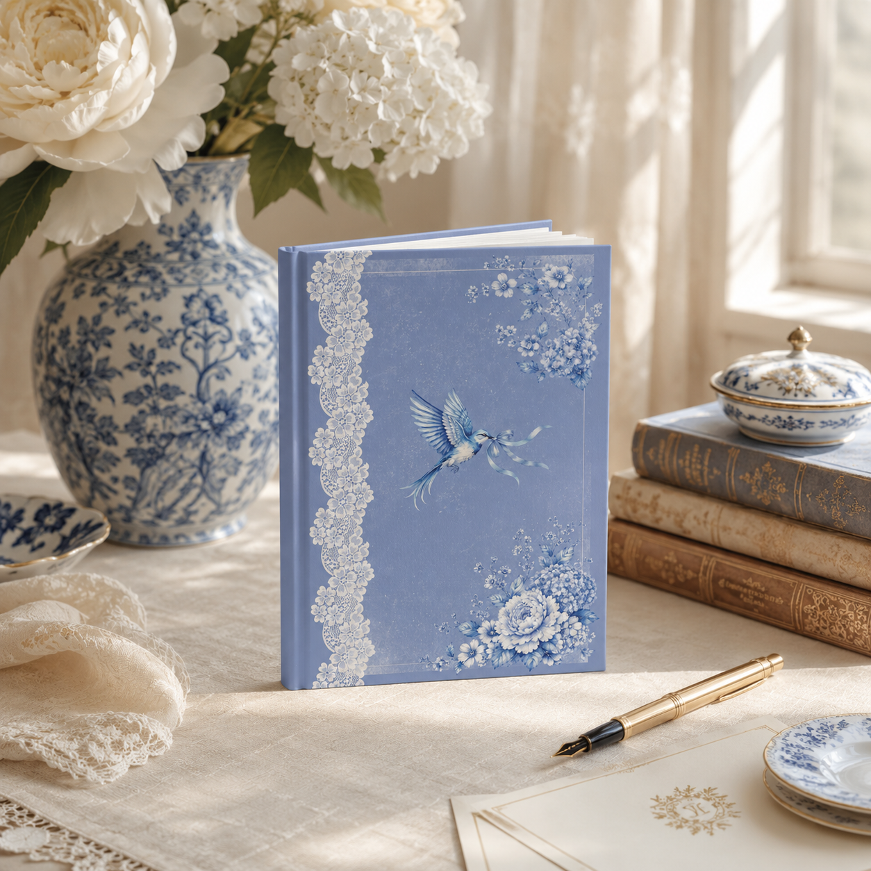Vintage blue bird and floral lace hardcover journal displayed beside blue-and-white porcelain, hydrangeas, and elegant stationery on a sunlit writing desk.