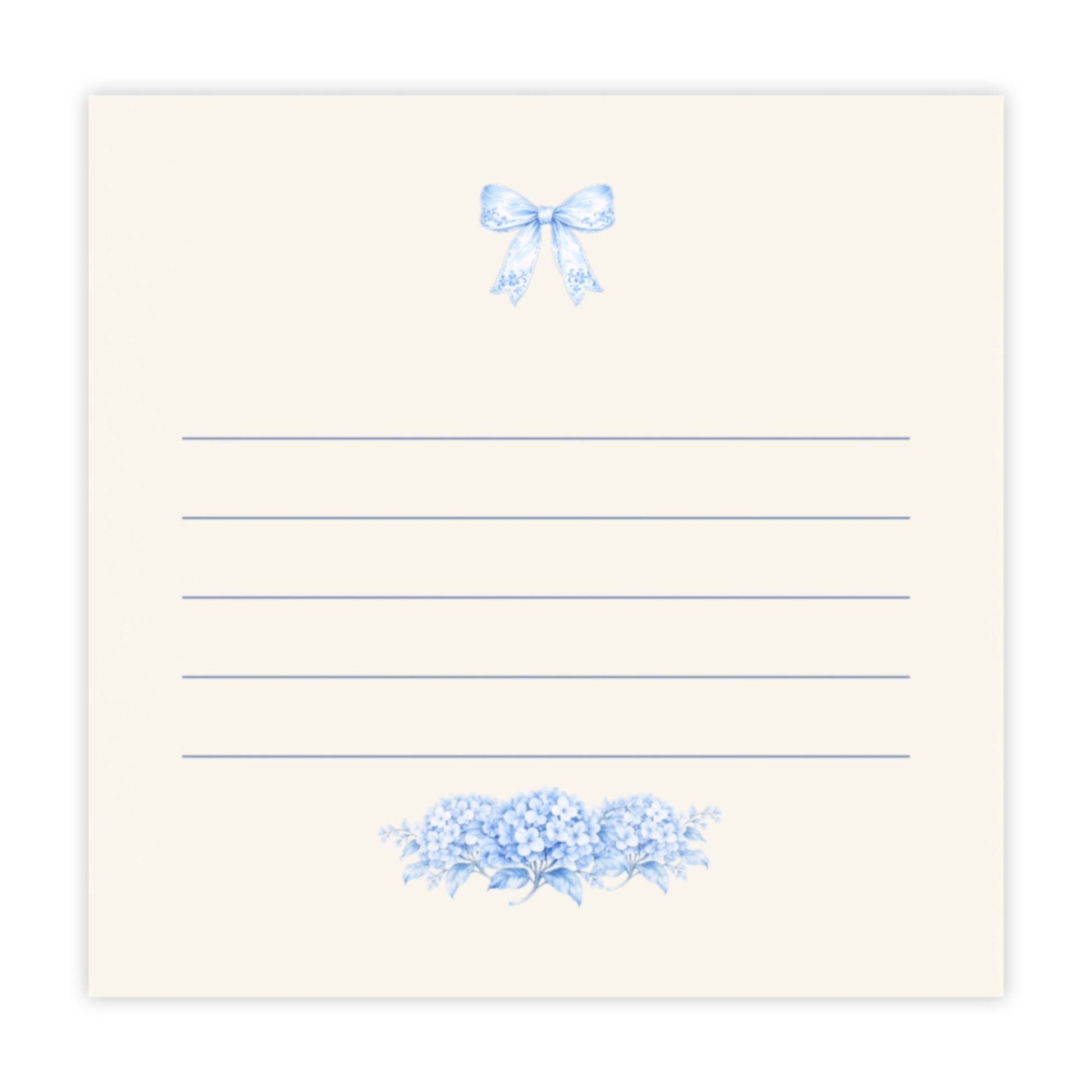 Blue bow and hydrangea sticky notes with lined writing space on an ivory note pad