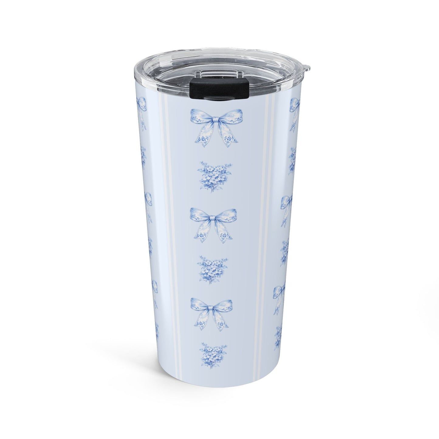 20 oz Blue bow and hydrangea tumbler featuring a delicate floral ribbon pattern on an insulated travel mug