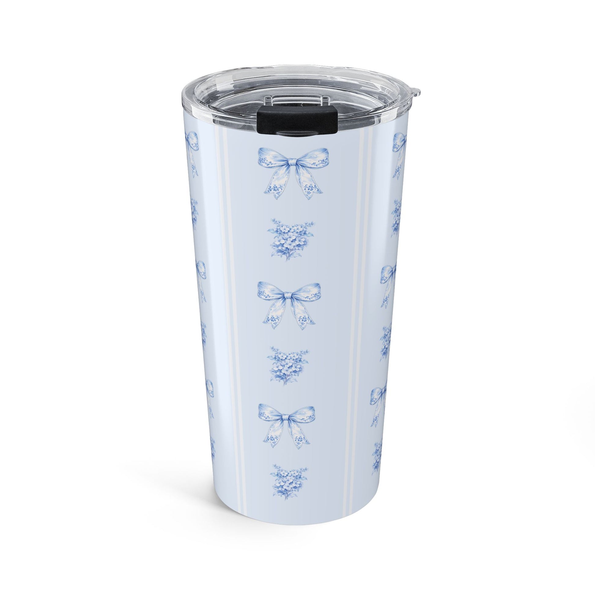 20 oz Blue bow and hydrangea tumbler featuring a delicate floral ribbon pattern on an insulated travel mug