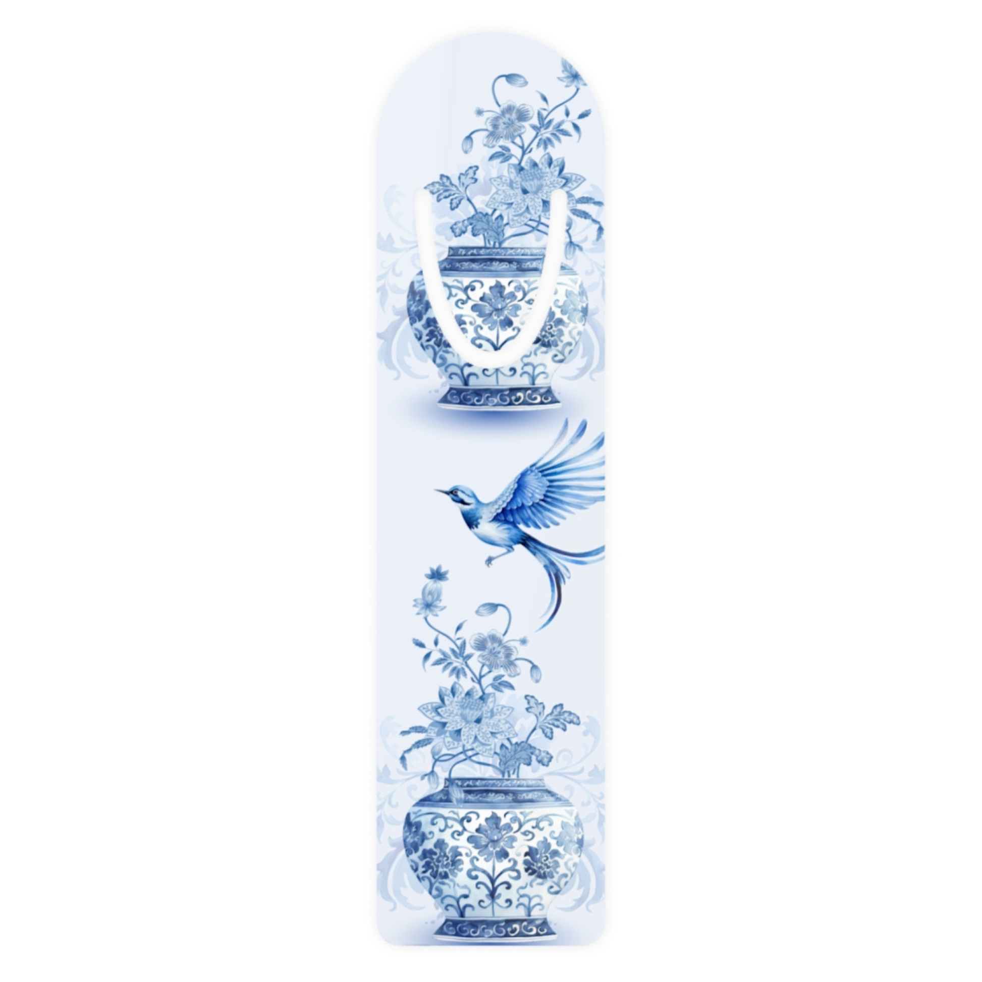 Blue chinoiserie bird metal bookmark featuring a porcelain-inspired floral vase design