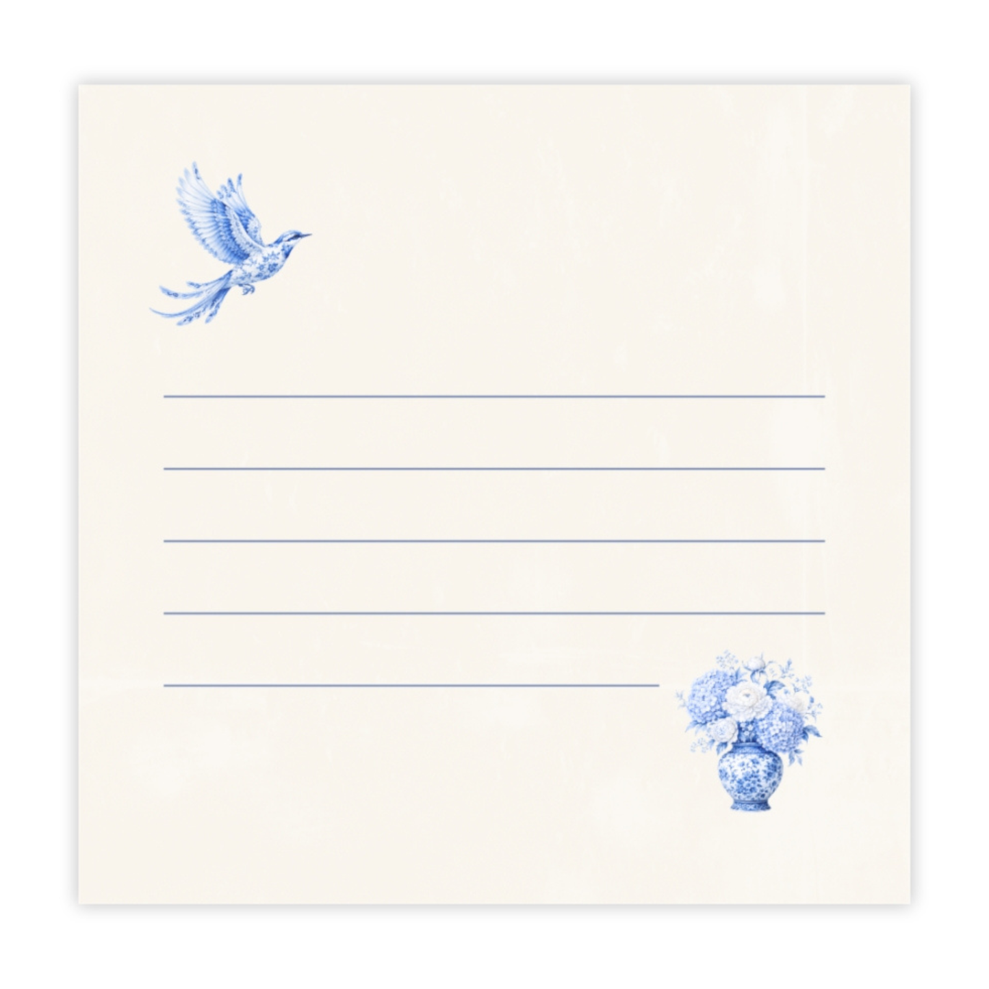 Blue chinoiserie bird sticky notes with floral porcelain vase design and lined writing space on ivory paper