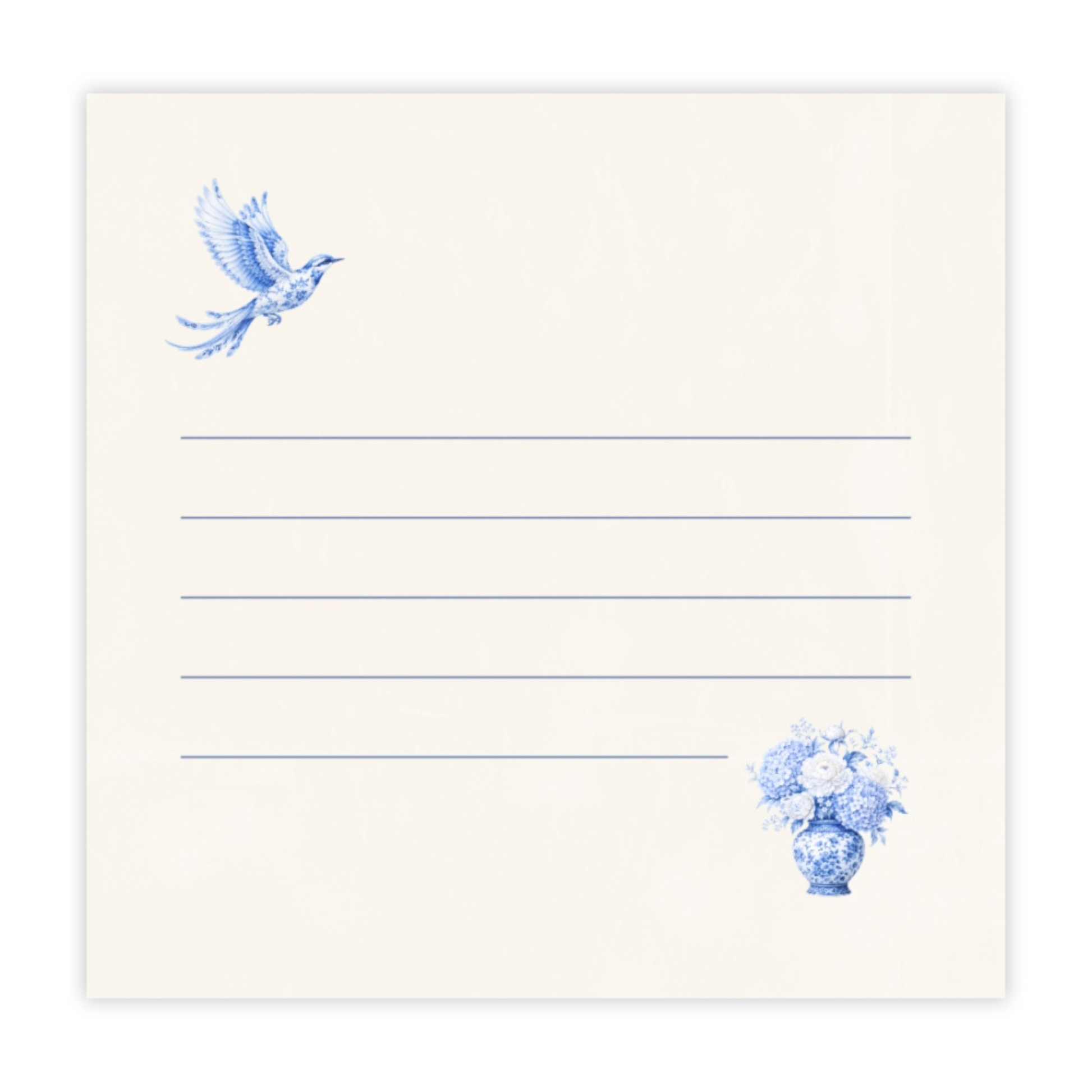 Blue chinoiserie bird sticky notes with floral porcelain vase design and lined writing space on ivory paper