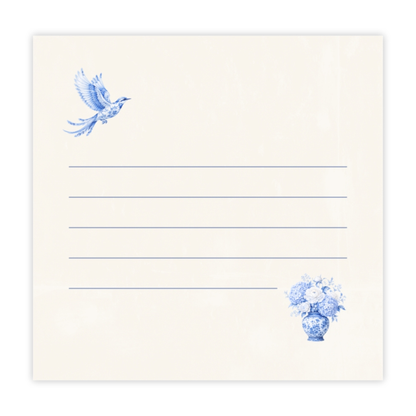 Blue chinoiserie bird sticky notes with floral porcelain vase design and lined writing space on ivory paper