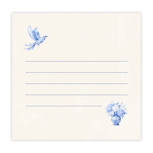 Blue chinoiserie bird sticky notes with floral porcelain vase design and lined writing space on ivory paper