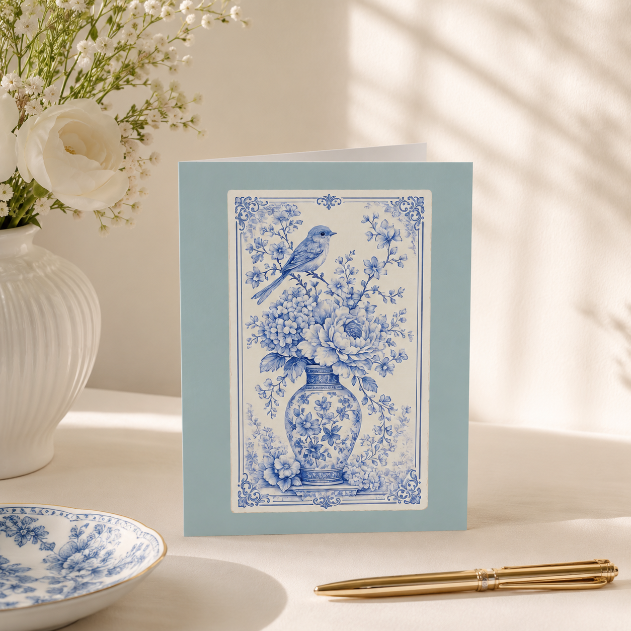 Blue chinoiserie floral greeting card displayed on a wooden table with blue-and-white porcelain, flowers, and warm natural light.