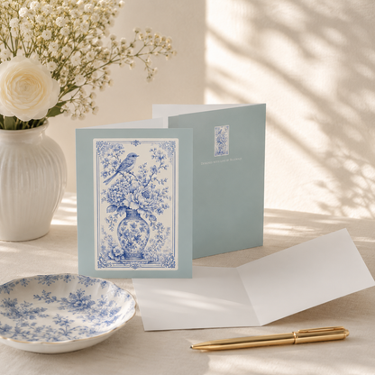 Elegant blue chinoiserie greeting card shown from the front and back in a bright, feminine stationery-inspired setting.