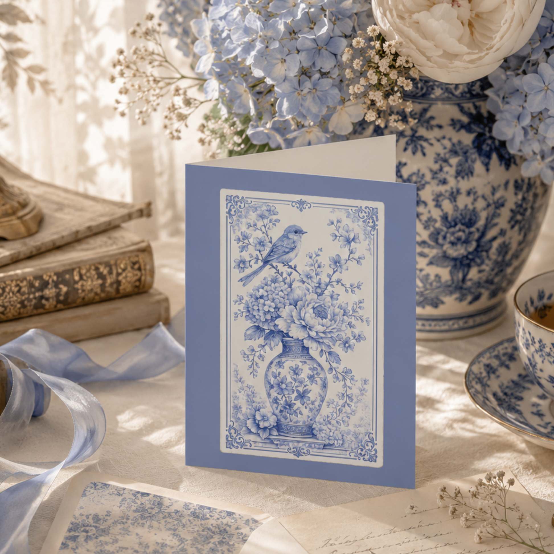 Blue chinoiserie floral greeting card displayed on an elegant writing desk with porcelain tea set, hydrangeas, and vintage stationery.