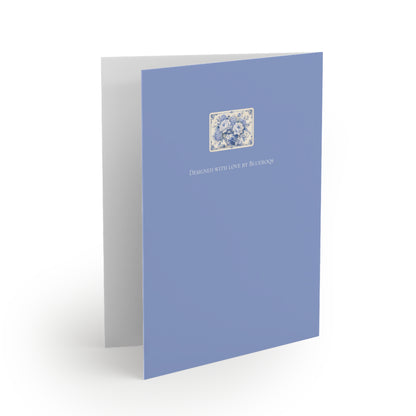Back of blue chinoiserie floral greeting card with coordinating bouquet artwork on a soft periwinkle blue background.