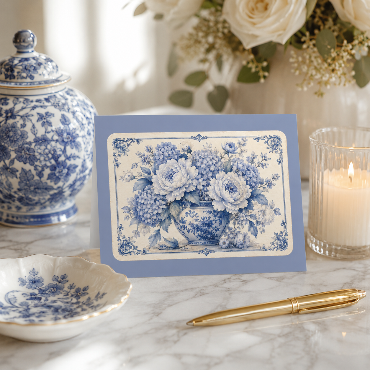 Blue chinoiserie floral greeting card displayed with blue-and-white porcelain, candles, and elegant home décor in warm natural light.