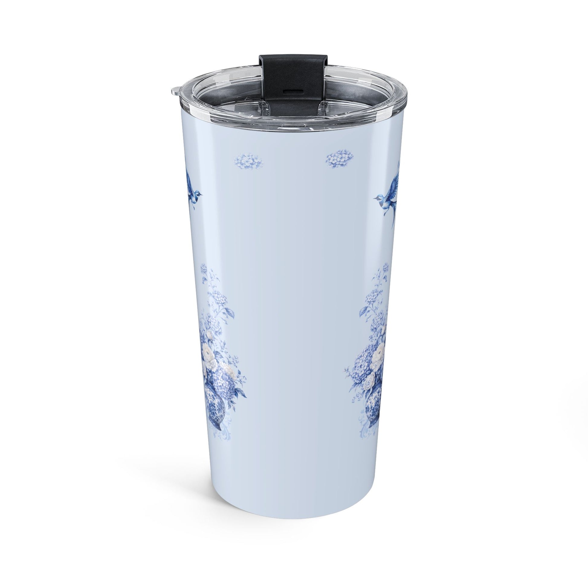 Back view of a blue chinoiserie tumbler featuring delicate bird and hydrangea accents
