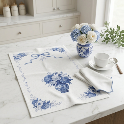 Blue Delft hydrangea tea towel folded on a light kitchen countertop beside a teacup and blue-and-white floral arrangement.