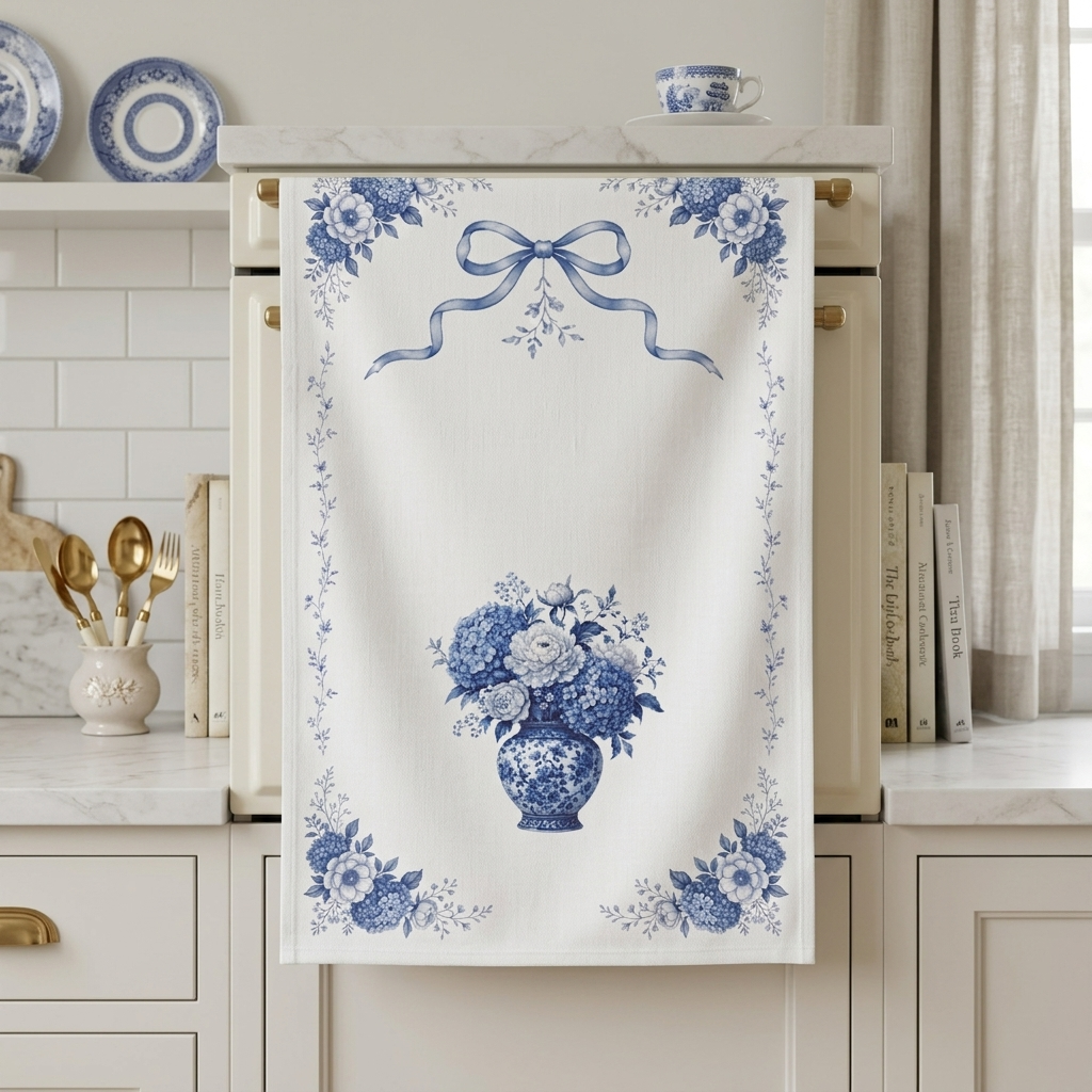 Blue Delft hydrangea tea towel hanging on an oven handle in an elegant light-colored kitchen.
