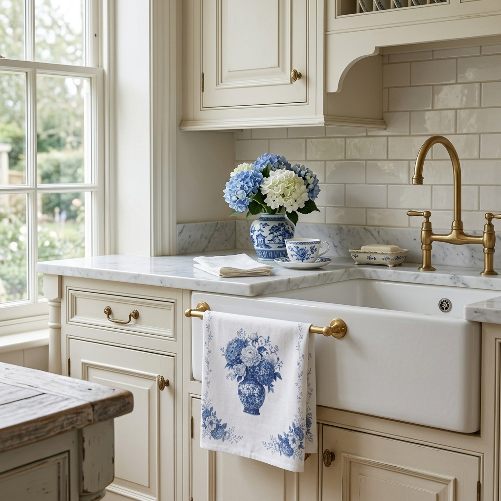 Blue Delft hydrangea tea towel hanging beside a kitchen sink in a bright grandmillennial-style kitchen.