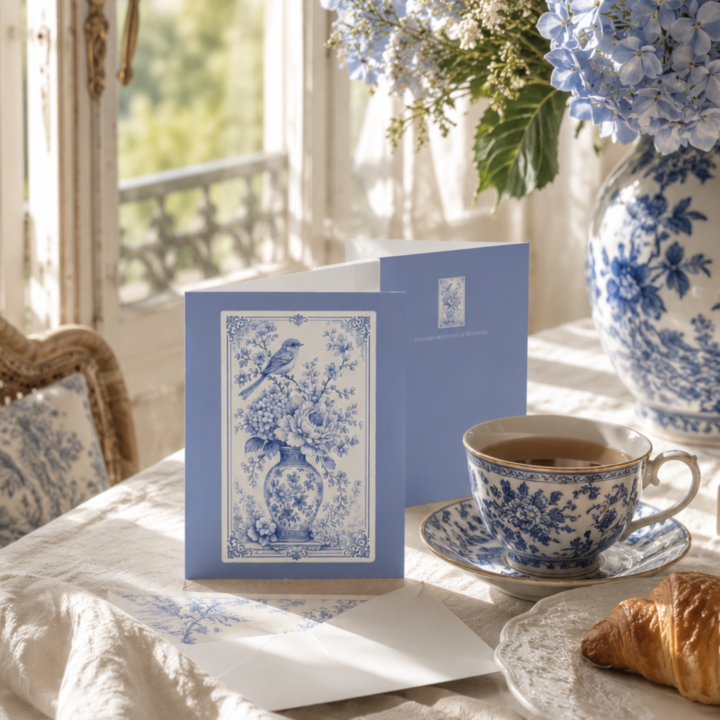 Blue floral chinoiserie greeting card styled with hydrangeas, vintage letters, porcelain teacup, and soft linen for an elegant gift presentation.