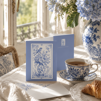 Blue floral chinoiserie greeting card styled with hydrangeas, vintage letters, porcelain teacup, and soft linen for an elegant gift presentation.