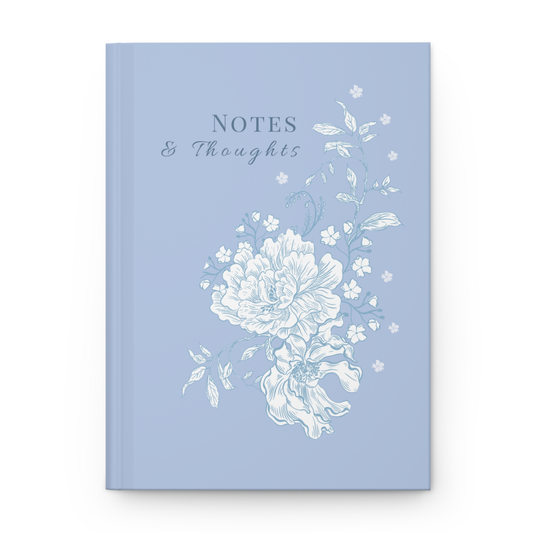 Blue floral hardcover journal with 'Notes & Thoughts' text, featuring white peony illustration on matte cover, aesthetic writing notebook for journaling and gifts