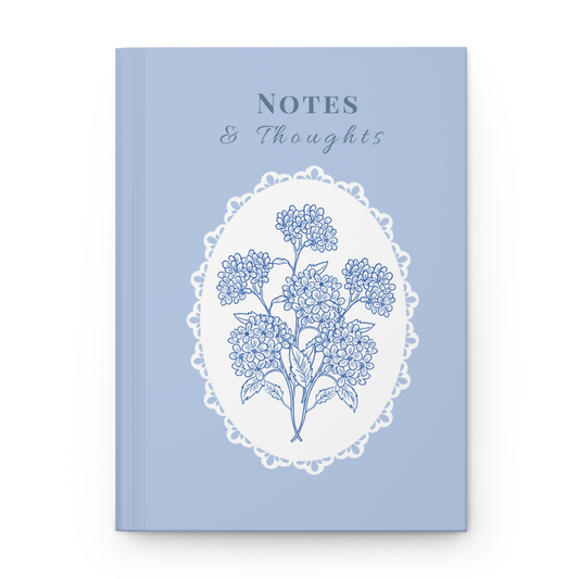 Blue floral lace hardcover journal with Notes & Thoughts title, vintage aesthetic notebook for journaling and writing