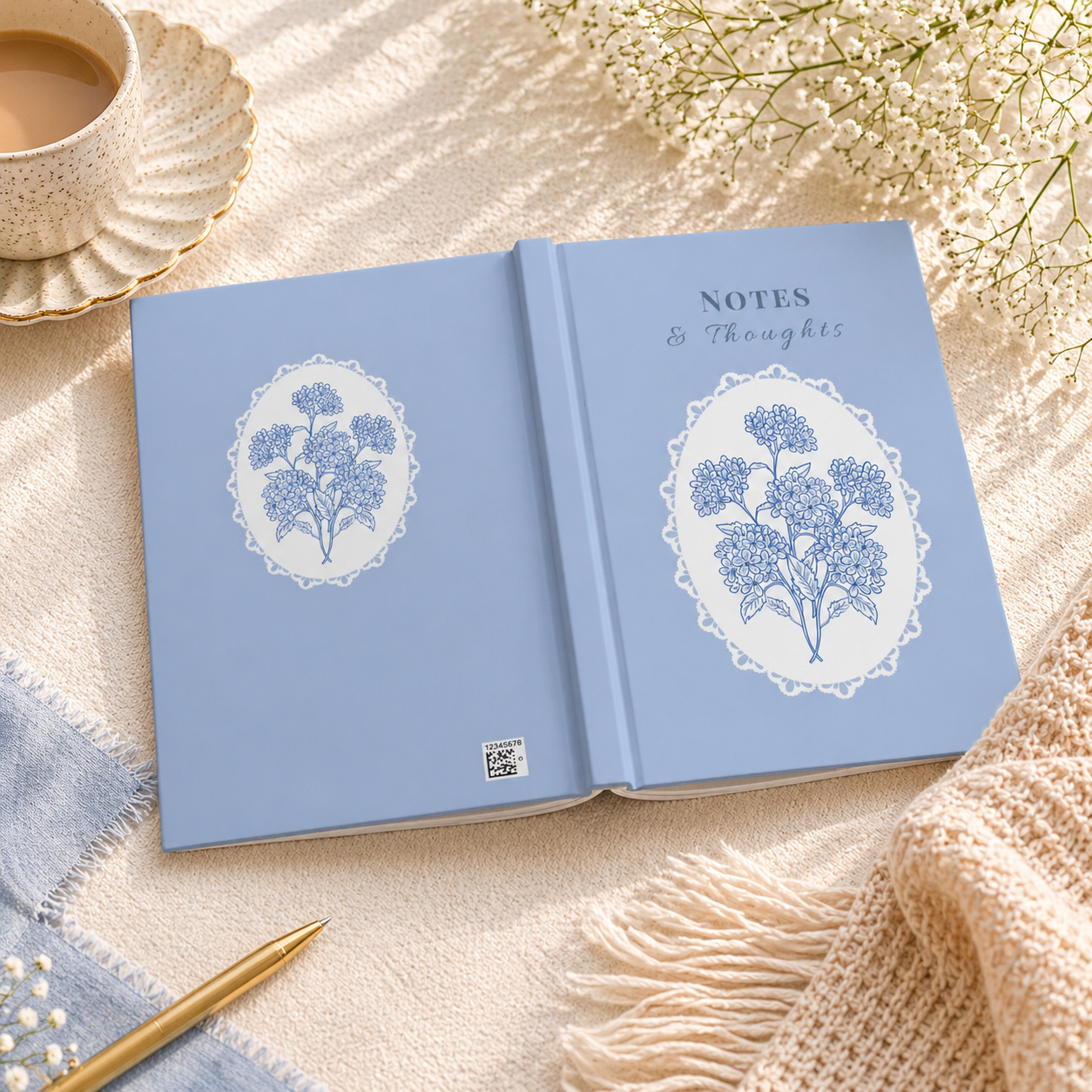 Back view of blue floral lace hardcover journal with vintage botanical design, aesthetic notebook for gifting and journaling