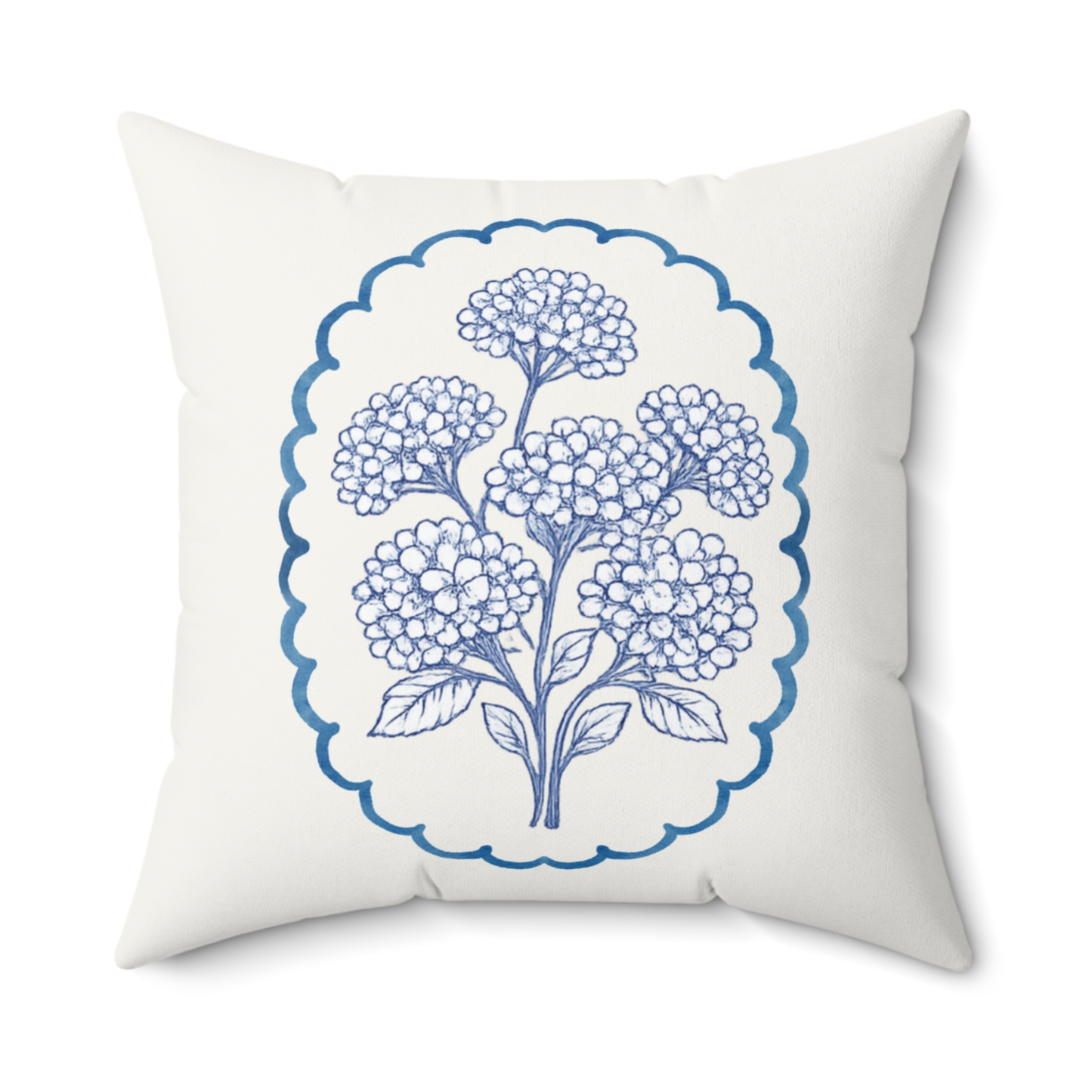 Blue hydrangea floral throw pillow with indigo botanical design on ivory fabric, square decorative cushion for living room or bedroom