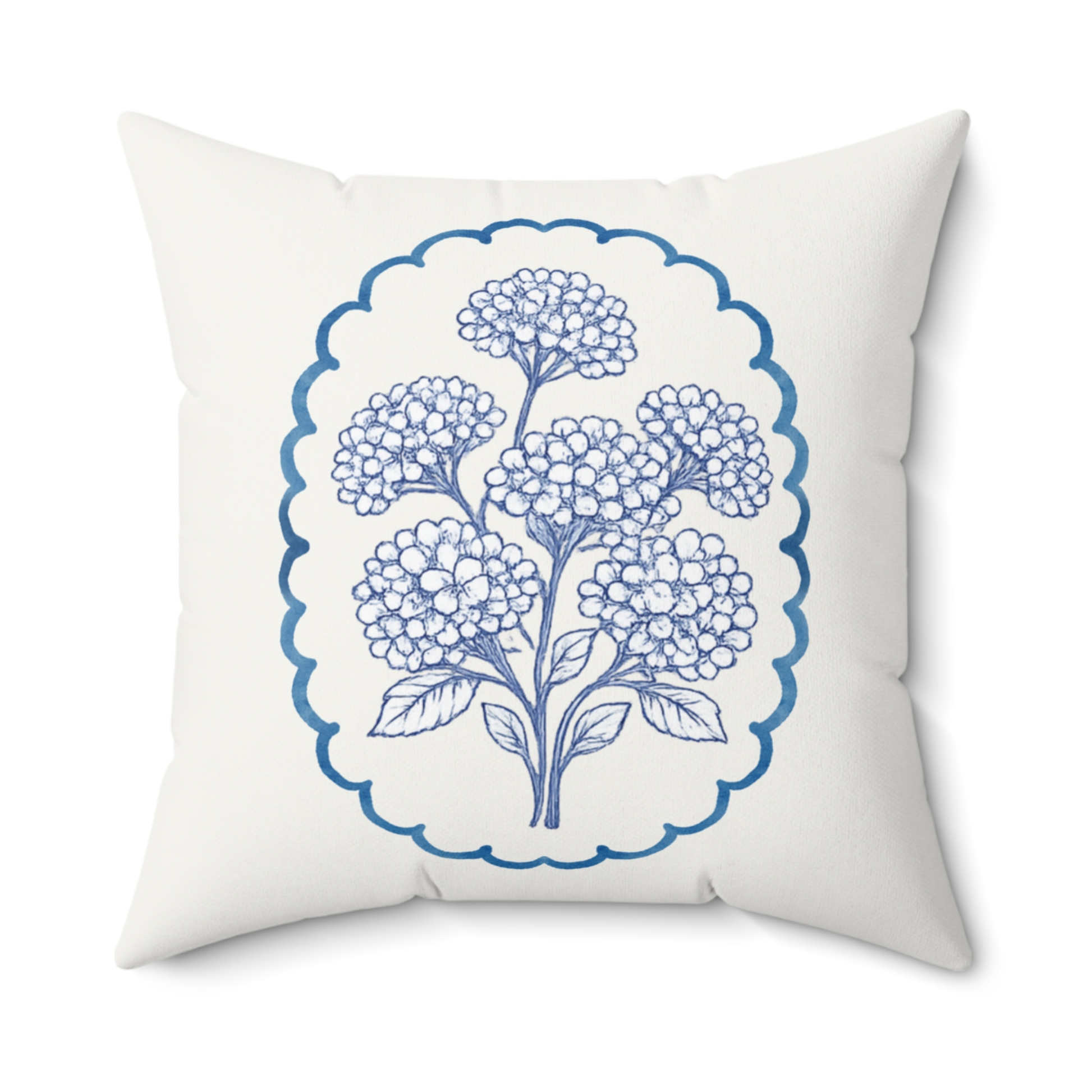 Blue hydrangea floral throw pillow with indigo botanical design on ivory fabric, square decorative cushion for living room or bedroom