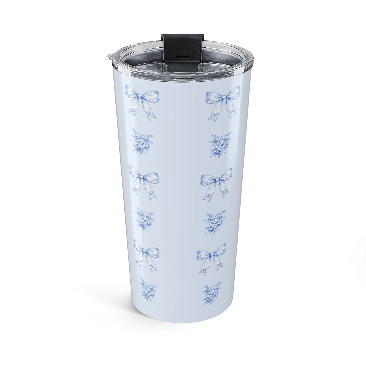 20 oz tumbler back view blue bow and hydrangea tumbler with a feminine floral ribbon pattern