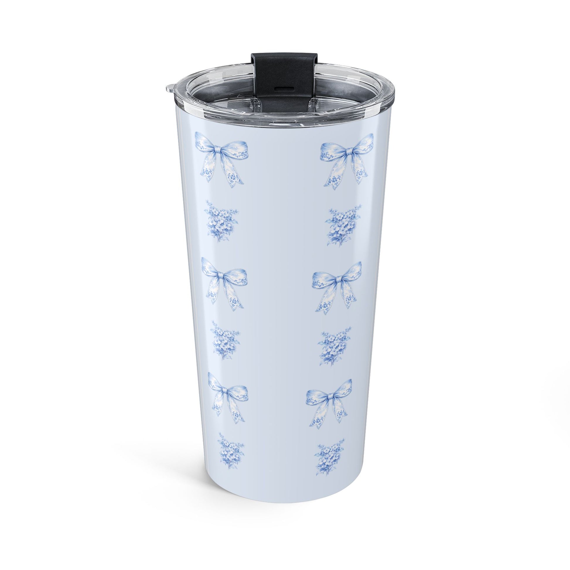 20 oz tumbler back view blue bow and hydrangea tumbler with a feminine floral ribbon pattern