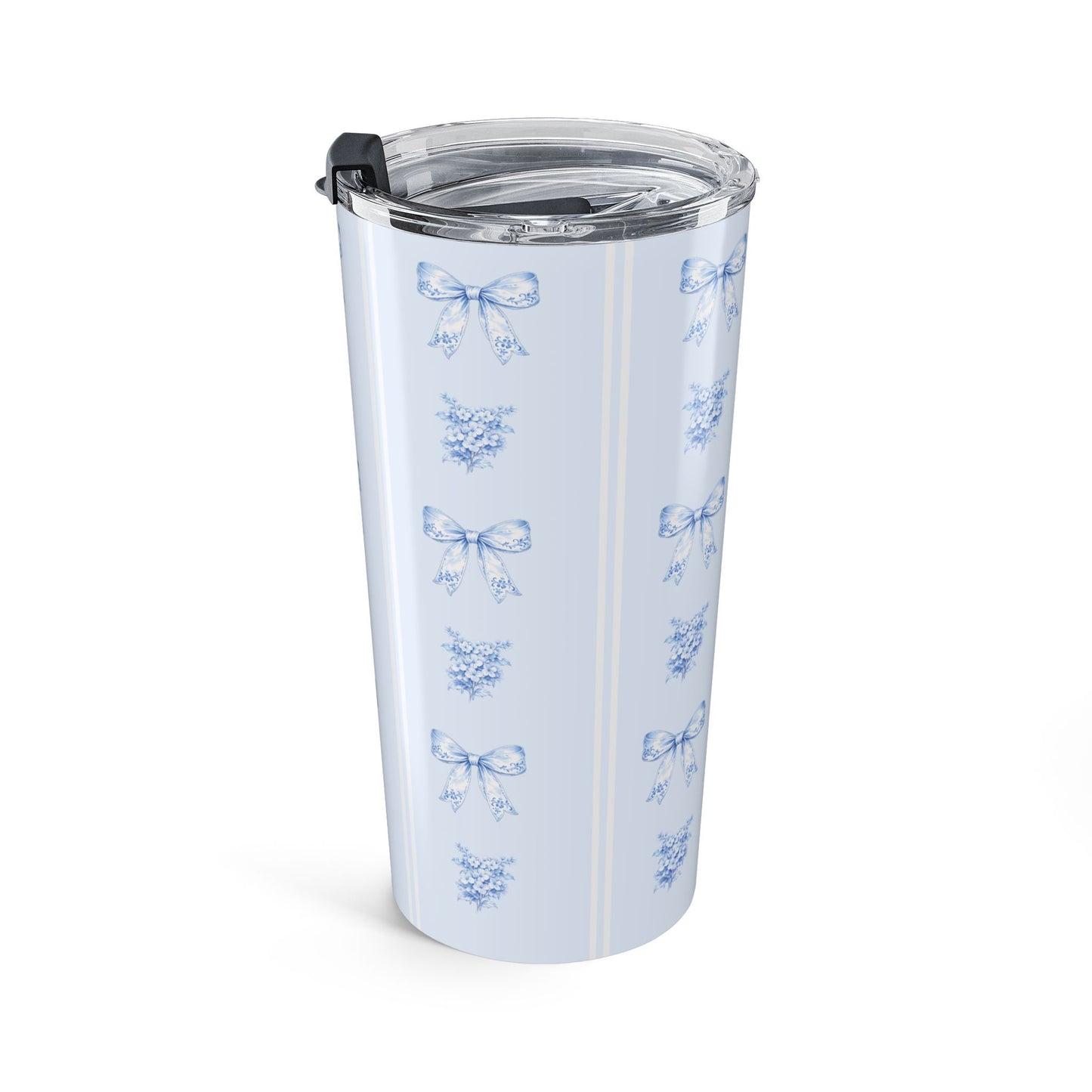 20  oz blue ribbon bow tumbler shown from an angled side view with hydrangea floral pattern and powder blue background