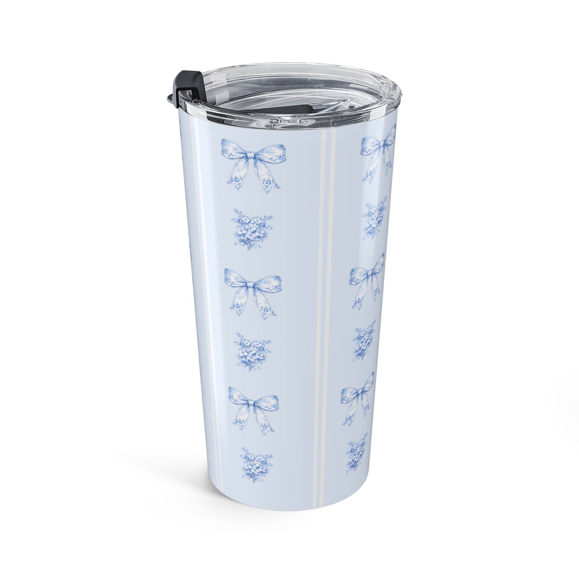 20  oz blue ribbon bow tumbler shown from an angled side view with hydrangea floral pattern and powder blue background