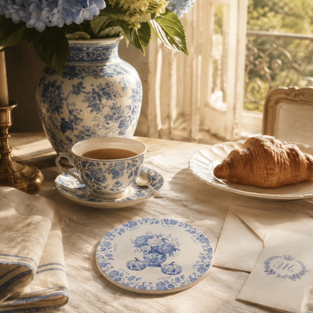 Vintage blue floral ceramic coaster styled with coffee, pastries, and blue and white home décor in a cozy living room.