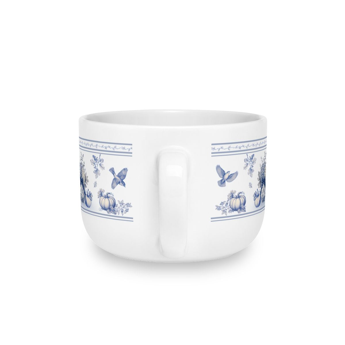 Back view of a 25oz vintage blue transferware ceramic latte mug featuring porcelain vase, pumpkins, hydrangeas and flying birds.