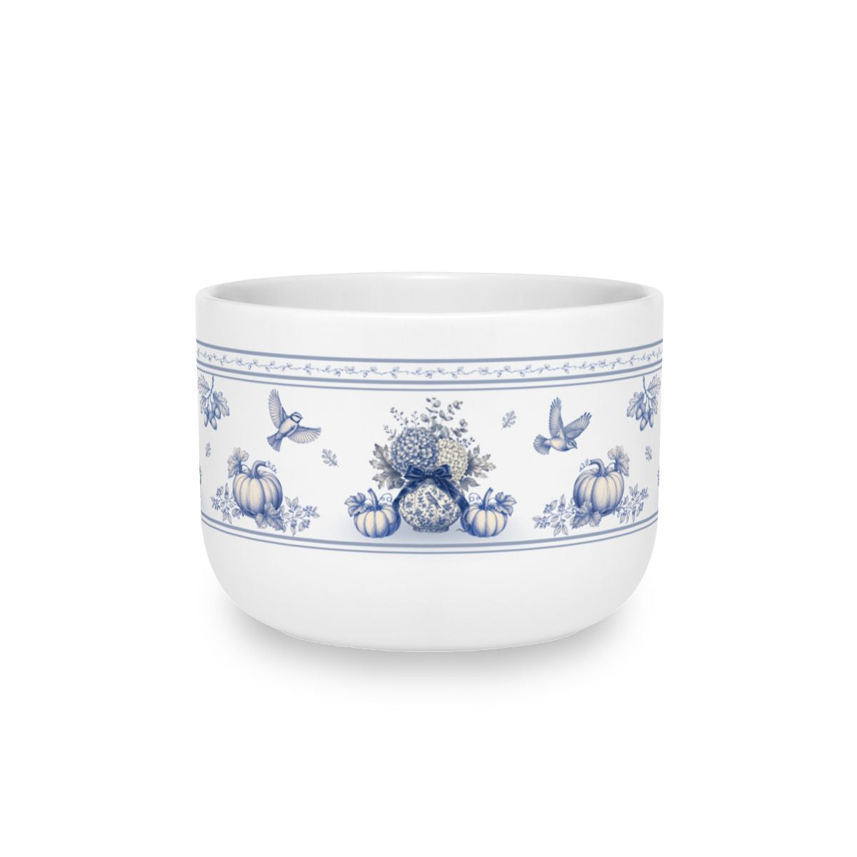 25oz ceramic latte mug featuring vintage blue transferware florals, porcelain vase, pumpkins, birds and botanical illustrations inspired by antique English pottery.