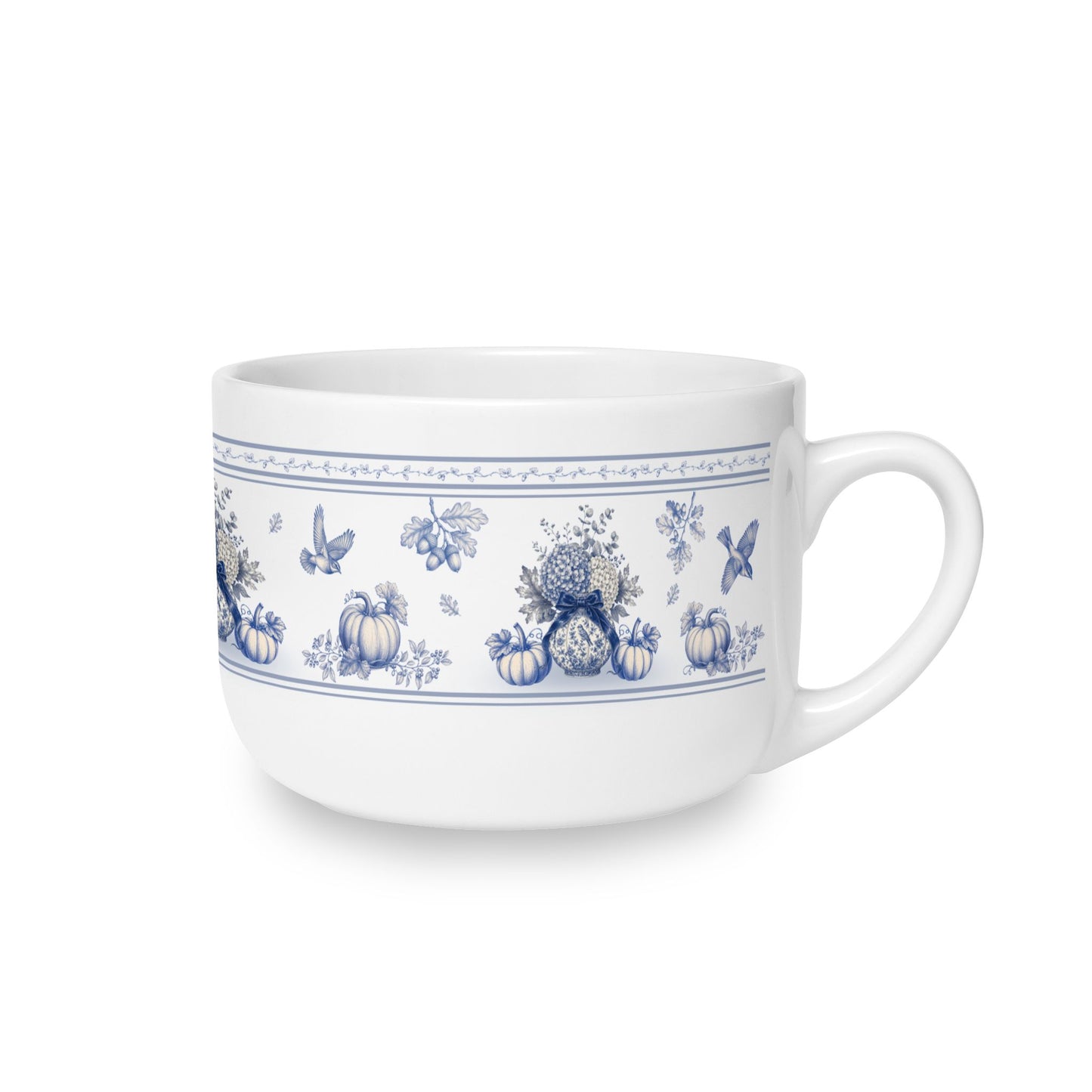 Left side view of a 25oz ceramic latte mug with vintage blue transferware pumpkins, florals and bird illustrations.